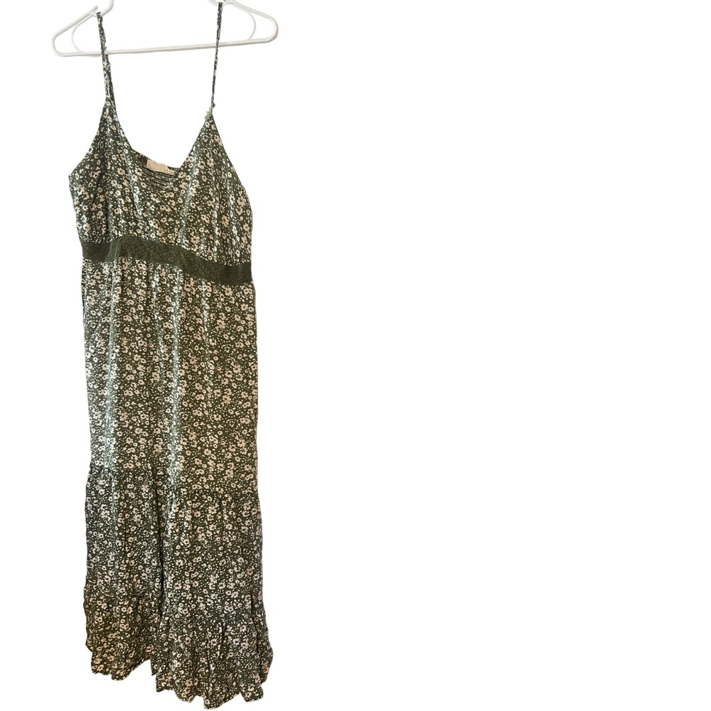 Just Found Olive Green Floral Maxi Dress Crochet Lace Trim Smocked Back Boho